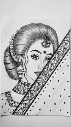 Dulhan Drawing Pencil, Lady Drawing Sketches Beautiful, Bride Sketch Art, Women's Day Drawing Art, Dulhan Sketch Pencil, Something New Drawing, Dulhan Drawing Sketch, Traditional Design Drawing, Drawing Ideas Traditional