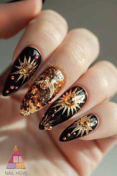 Veggie Nails, Black Celestial Nails, Nails Goddess, Nature Nails Designs, Winter Gala, Sophisticated Patterns, Golden Sparkle, Witchy Nails