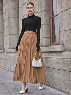 Pleated Skirt Outfit Formal, Brown Pleated Skirt Outfit, Pleated Long Skirt Outfit, Midi Pleated Skirt Outfit, Belted Skirt Outfits, Pleaded Skirt Outfits, Pleated Midi Skirt Outfit, Brown Skirt Outfit, Pleated Skirt Outfits