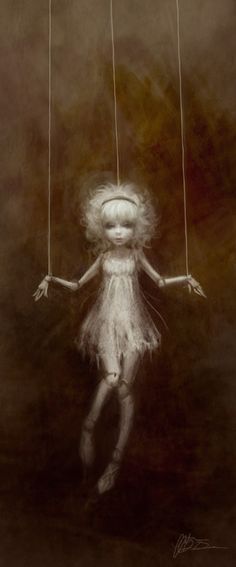 a drawing of a girl swinging on strings with her hands and head in the air