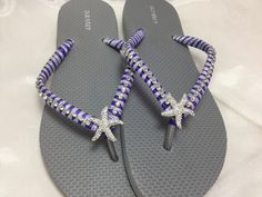 These beautiful grey flip flops are wrapped with Purple ribbon and wrapped around with a sparkling silver ribbon is a strip of silver rhinestones on the straps and a starfish in the center.  Last picture shows other colors that are available. All flip flops are handmade to order and the production time is 5-7 business days and then please allow time for shipping. Amazing for beach, weddings, flower girl or a fancy event, you choose! Please choose your size from the drop box. Flip Flops Wedding, Bridesmaid Flip Flops, Rhinestone Flip Flops, Bridal Flip Flops, Wedding Flip Flops, Bridal Sandals, Purple Ribbon, Womens Wedding Shoes, Silver Rhinestone