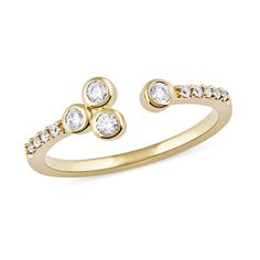 Make your modern taste known when you wear this inventive bezel-set diamond open shank ring in yellow gold. Fashioned in warm 10K gold A trio of bezel-set diamonds punctuates one side of the open design. The opposite side shimmers with a single bezel-set diamond. Diamonds line the shank to complete this 1/5 ct. t.w. diamond ring. Gold Book, Peoples Jewellers, Bezel Set Diamond, Diamond Settings, Open Design, Bezel Diamond, Jewellery Designs, Open Ring, Diamond Stone