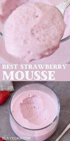 strawberry mousse in a glass bowl with strawberries on the side