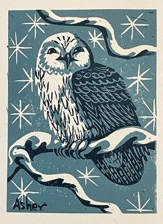 an owl sitting on top of a tree branch with stars in the sky behind it