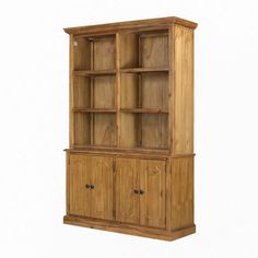 a wooden bookcase with two doors and drawers