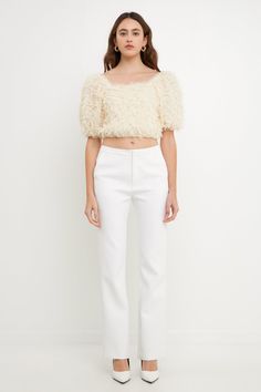 ENDLESS ROSE - Mesh Trimmed Puff Sleeve Top - TOPS available at Objectrare Fitted Puff Sleeve Top For Summer Party, Summer Party Fitted Puff Sleeve Top, Padded Crop Top For Spring Party, Chic Fitted Crop Top, Spring Party Padded Crop Top, Spring Party Crop Top With Puff Sleeves, Chic Puff Sleeve Crop Top For Party, Cropped Padded Blouse Crop Top For Party, Fitted Puff Sleeve Top For Evening