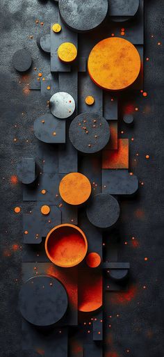 an abstract artwork piece with orange and black circles on it's surface, in the middle