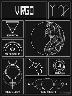 the virgo poster is shown in black and white, with various symbols on it