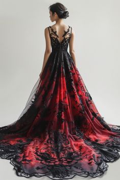 Red And Black Ombre Wedding Dress, Red And Black Royal Dress, Black Wedding Dress With Red Accents, Black Red Ombre Wedding Dress, Unique Christmas Outfits, Gothic Wedding Dress Red, Gothic Wedding Dress Black And White, Black And Red Fantasy Dress, Black And Red Wedding Dresses The Bride