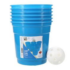 a blue plastic bucket and white ball on a white background