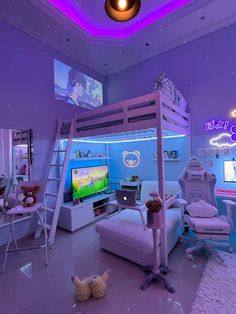 a child's bedroom with purple lighting and white furniture