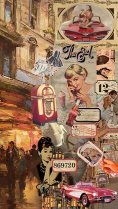 a collage of various images and words on a piece of paper with an image of a woman talking on the phone