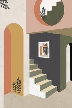 an illustration of stairs leading up to a room with paintings on the walls and below