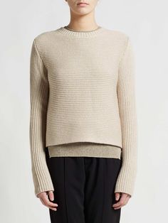 Beige Textured Knit Crew Neck Cropped Sweater, Beige Sweater With Ribbed Neckline For Layering, Beige Textured Knit Cropped Sweater With Crew Neck, Beige Crew Neck Cropped Sweater For Layering, Neutral Crew Neck Sweater For Workwear, Beige Sweater With Ribbed Neckline For Work, Beige Ribbed Neckline Sweater For Work, Neutral Ribbed Sweater For Layering, Favorite Sweater