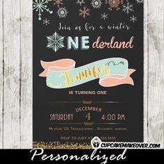 a black and gold snowflake birthday party card with the text, it's time to celebrate