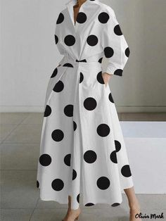 Olivia Mark - Fashionable Long Sleeve Dress with Stylish Collar, Elastic Waist, and Flared Hem Party Long Dress, Polka Dot Shirt Dress, Dress Elegant Long, Office Dresses For Women, Elegant Party Dresses, Elegant Maxi Dress, Polka Dot Shirt, Cocktail Event, Autumn Dress