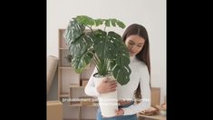 a woman is holding a potted plant in her hands and looking down at it