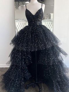 High Low V Neck Black Tulle Long Prom Dresses, High Low Black Formal E – Shiny Party Prom Dress High Low, Black Tulle Prom Dress, High Low Evening Dresses, High Low Prom Dress, Winter Formal Dresses, High Low Prom Dresses, Black Prom, Long Prom Dresses, Custom Size Dresses