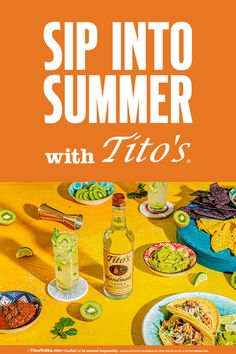 an advertisement for sip into summer with it's tacos and chips on the table