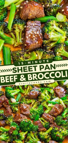 beef and broccoli stir fry in a skillet with the words sheet pan beef and broccoli