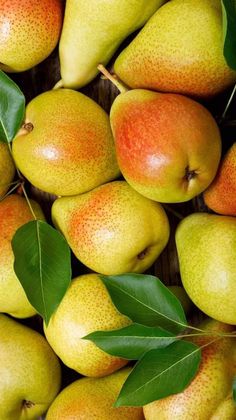 a pile of pears with green leaves on them