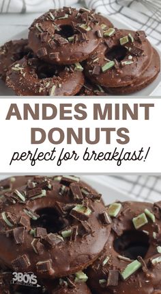 chocolate donuts with mint sprinkles are on a white plate and the words,