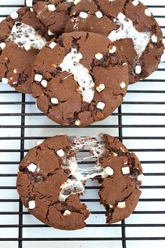 three chocolate cookies with white sprinkles on a cooling rack, one is half eaten