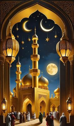 a painting of people standing in front of a mosque at night with the moon shining