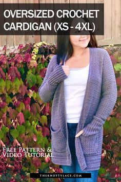 a woman wearing a purple cardigan with text overlay that reads, oversize crochet cardigan vs 4xl