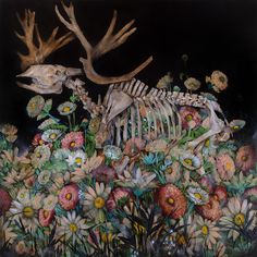 a painting of a deer skeleton surrounded by flowers