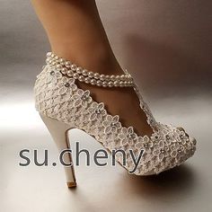 su.cheny 3" 4” silk white ivory lace peep toe pearls anklet Wedding Bridal shoes | eBay Diy Heels, Pearl Ankle Bracelet, Stylish Shoes For Women, Fun Wedding Shoes, Bridal Pumps, Wedding Shoes Comfortable, Pearl Anklet, Wedding Shoes Bride, Wedding Shoes Heels