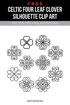 the celtic four leaf clover silhouette clip art is shown in black and white with text overlay