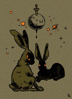 two rabbits sitting next to each other in front of a moon and stars filled sky