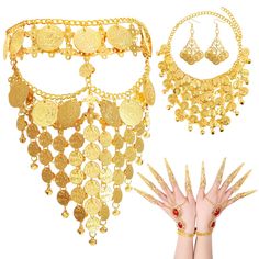 PRICES MAY VARY. Belly Dance Jewelry Set: the package comes with a gold dance veil, a pair of Gypsy Egyptian gold bracelet with finger nails, a belly dance coin necklace, and a pair of coin pendant earrings, the ideal set and boho style can meet your decoration needs Size Details: the total circumference of the gypsy face jewelry is about 61 cm/ 24 inches, the gold bracelet is about 20 cm/ 7.87 inches, the coin earring is about 6 cm/ 2.36 inches, and the gold necklace is about 50 cm/ 19.69 inche Princess Ahmanet, Belly Dancing Outfit, Dancing Outfit, Belly Dance Accessories, Egyptian Gold, Jewelry Set Gold, Face Jewelry, Halloween Dance, Belly Dance Jewelry