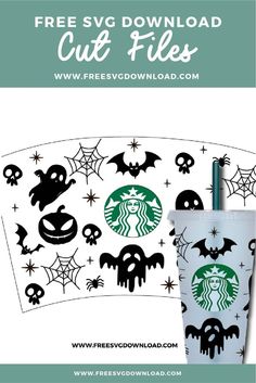 the starbucks cup is decorated with black and white skulls, bats, and spider webs