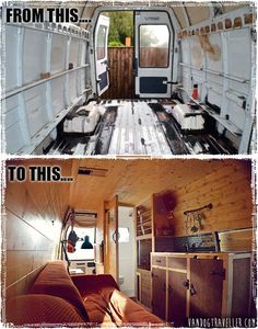 there are two pictures of the inside of an rv with wood paneling and white walls