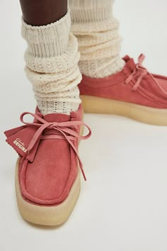 A retro style gets a modern update with these lifted, cupsole moccasins from Clarks. **Features:** Low ankle length, suede uppers, round toe, moc stitching, lightweight EVA midsole, natural rubber crepe cupsole, lace-up closure, beaded details **Why We | Clarks Wallabee Cup Moccasins at Free People in Pink, Size: US 8 Outfit With Clarks, Clarks Wallabees Women's, Wallabee Clarks, Clarks Wallabee, Clarks Wallabees, Shoe Wishlist, Hot Boots, Suede Moccasins, Mama Style