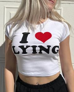 Details: T-shirt with meme line "I love Lying" meme letter printTop Length: CroppedSleeve Length: Short SleevesMaterials:95% Cotton + 5% Spandex Grunge Clothing, Baby Tees Y2k, Y2k Baby Tee, Aesthetic Shirts, Slogan Tee, Baby T Shirt, Crop Top Blouse, Knitwear Cardigan, Y2k Fashion