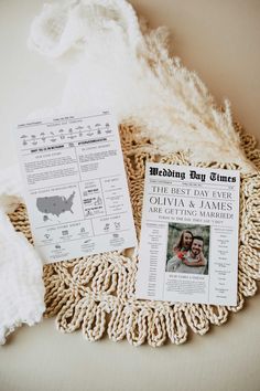 the wedding program is on top of a doily with a white blanket and some other items