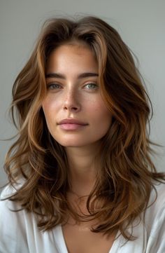 Medium length haircuts offer a versatile and stylish option that fits almost every face shape and hair type. Ranging from shoulder length to just past the collar bones, these cuts allow for various styling choices, from elegant waves to chic layers. Particularly popular are the mid-length layered haircuts that add volume and dimension, making them #mediumlengthhaircut Brown Medium Length Hair, Cuts For Wavy Hair, Wavy Haircuts Medium, Wavy Layered Hair, Mid Length Layered Haircuts, Model Hairstyles, Medium Length Wavy Hair, Medium Length Haircuts, Wavy Hairstyles Medium