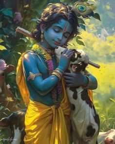 a painting of a boy holding a cow