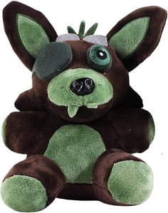 a brown and green stuffed animal with big eyes