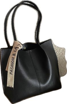 Bag For Love - Textured Shoulder Tote Bag  - Women Tote Bags Black Faux Leather Shoulder Bag For Errands, Black Faux Leather Bucket Bag, Black Faux Leather Bucket Shoulder Bag, Black Handheld Faux Leather Shoulder Bag, Trendy Black Bucket Bag For Errands, Black Square Bucket Bag, Black Square Bucket Bag With Handles, Black Faux Leather Bucket Bag For Shopping, Black Rectangular Bag For Errands