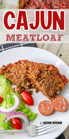 the cover of cajun meatloaf is shown on a plate with tomatoes, lettuce and tomato slices