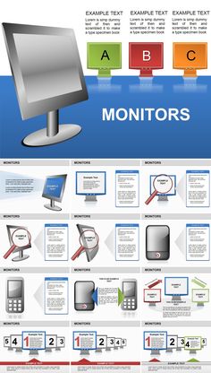 a computer monitor and other electronic devices are shown in this info sheet with the words monitors on