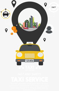 the taxi cab is parked in front of a map pointer with buildings and cars on it