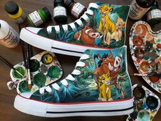 These are one of a kind custom The Lion King hand painted canvas shoes. I use waterproof, permanent fabric paint of the highest quality. I can do any other design you want ,just message me with anything you have in mind so we can work on your own personalized custom pair! :) it can be painted on both sides . Great as a gift to yourself or your loved ones customizing them with a name or a personal dedication ! Wash on gentle cycle below 40 C, but it is always better to spot clean . Because the sh Simba Pumba Timon, Disney Painted Shoes, Converse Custom, Painted Canvas Shoes, Custom Painted Shoes, Painted Sneakers, Style Converse, Roi Lion, Basket Style