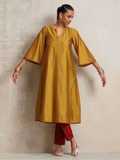 Buy Mustard Yellow Silk Blend Kurta with Pant - Set of 2 | TB3581/TRBS1 Shalwar Designs, Shalwar Design, Yellow Silk, Kurta With Pants, Traditional Wear, New Launch, Pant Set