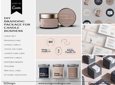 branding package for candle and business cards with various logos, labels, and stickers