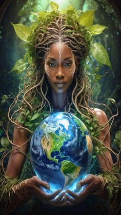 a woman holding the earth in her hands with trees around her head and leaves on top